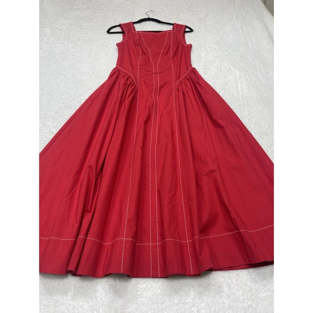 Anthropologie Midi Dress Red Cotton High Neck Holiday Preppy Boho Size XS NWT
